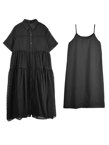 XITAO A-line Patchwork Loose Female Dress Solid Color Hollow Out Turn-down Collar New Arrival Woman Summer Dress ZMY1260