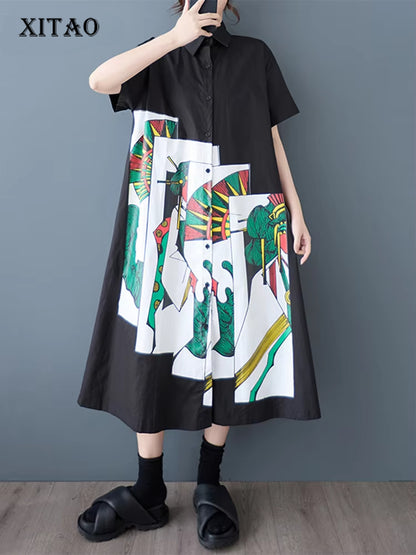 XITAO Patchwork Cartoon Print Dress Single Breasted Casual Short Sleeve Turn-down Collar Sweet New Summer Female Dress GJ1140
