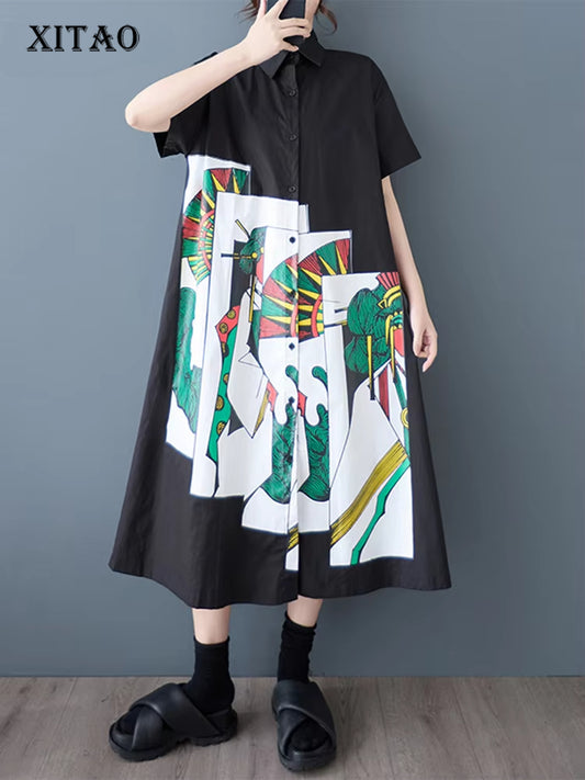 XITAO Patchwork Cartoon Print Dress Single Breasted Casual Short Sleeve Turn-down Collar Sweet New Summer Female Dress GJ1140