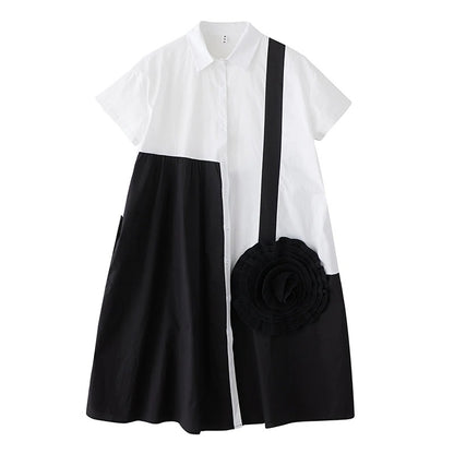 XITAO Patchwork Contrast Color Women Dress Casual Turn-down Collar Sweet Short Sleeve Temperament Summer Female Dress ZMY1361