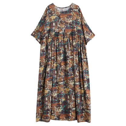 XITAO Print Pleated Dress O-neck A-line Casual Loose Fitting Half Sleeve Slimming Comfortable Women Dress ZMY1043