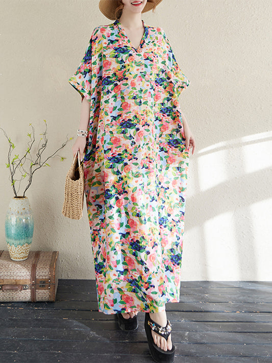 XITAO Vintage Print Loose Batwing Sleeve Dress Pullover Loose V-neck All Match Vacation Style Ankle-Length Dress ZMY1003
