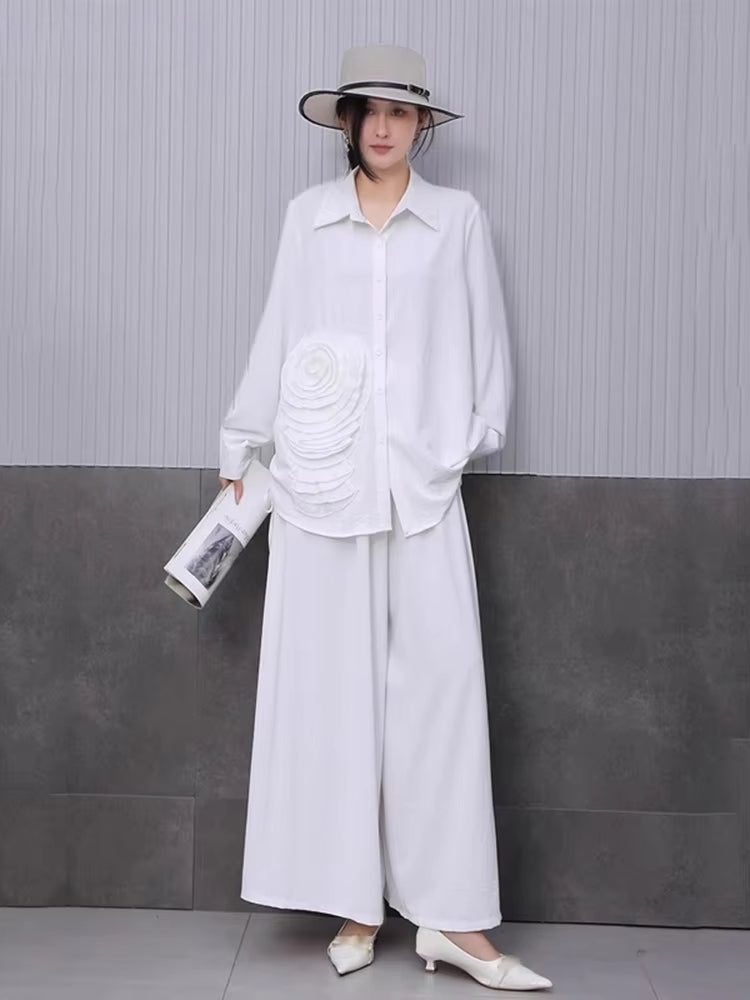 XITAO Three-dimensional Bandage Pant Sets Solid Color Single Breasted Turn-down Collar Loose Top Elastic Waist Pan GYX1529