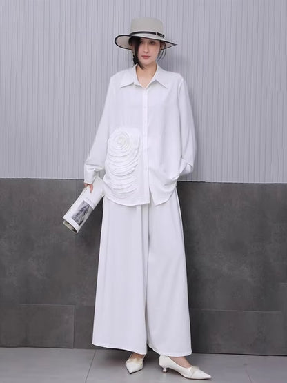 XITAO Three-dimensional Bandage Pant Sets Solid Color Single Breasted Turn-down Collar Loose Top Elastic Waist Pan GYX1529