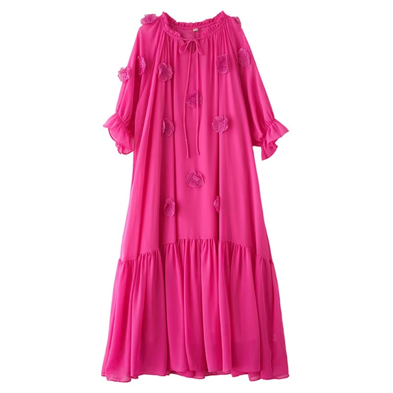 XITAO Three-dimensional Decoration Flower Dress O-neck Bandage Patchwork Solid Color Temperament Slim All Match Dress ZMY1356