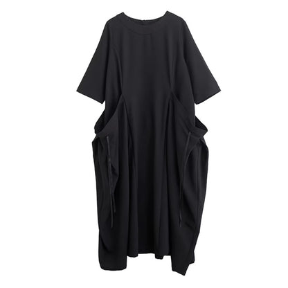 XITAO Pocket Patchwork Bandage Solid Color Dress O-neck Pullover Loose Half Sleeve Ankle-length Slim Temperament Dress HQQ2514