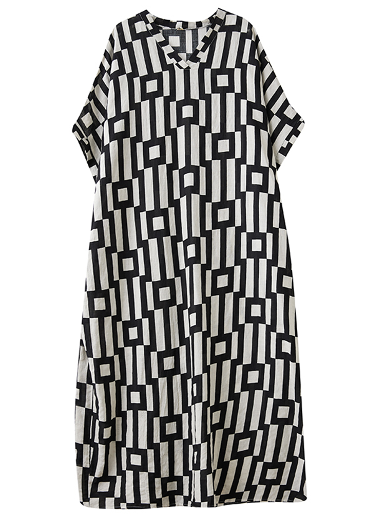 XITAO Print Batwing Sleeve V-neck Pullover Dress Vintage Loose Slimming Ankle-Length Casual All Match Temperament Dress ZY8929