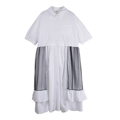 XITAO Patchwork Gauze Irregular Female Dress Turn-down Collar Single Breasted Loose Ruffles Summer Woman Shirt Dress ZMY1229