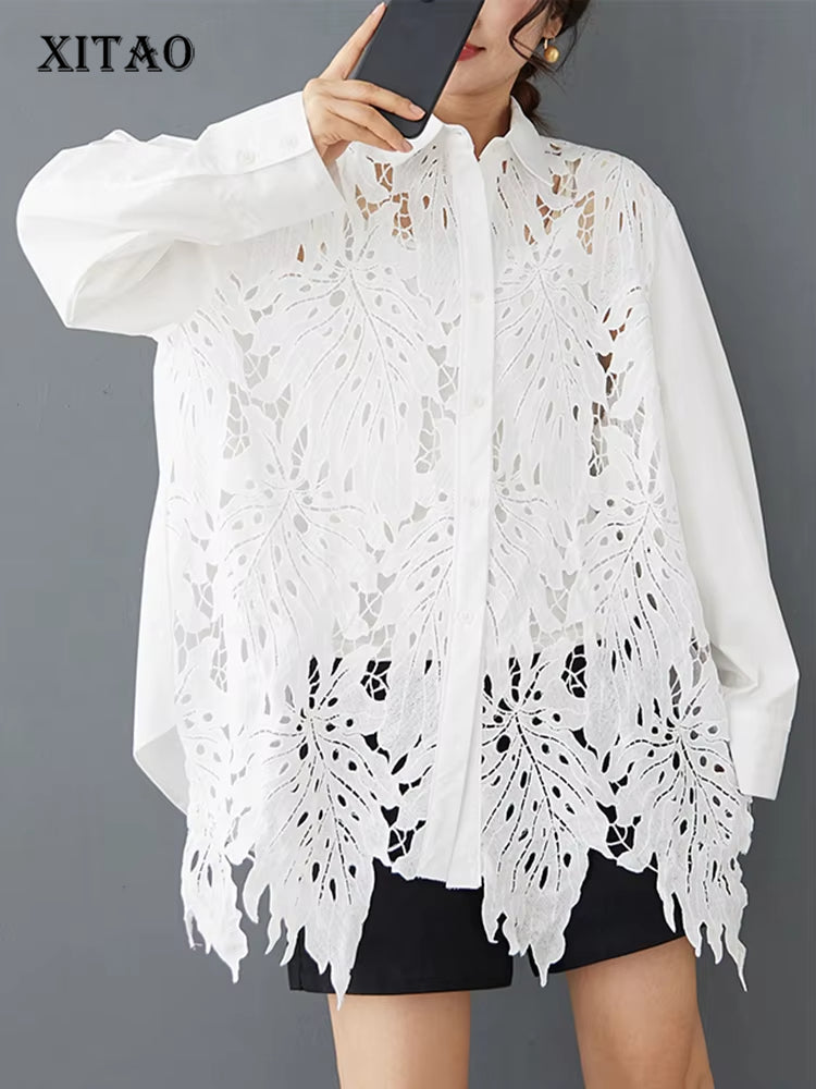 XITAO Hollow Out Lace Patchwork Women Shirt Single Breasted Turn-down Collar Solid Color Long Sleeve Loose All Match Top ZY8934