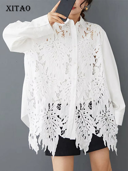 XITAO Hollow Out Lace Patchwork Women Shirt Single Breasted Turn-down Collar Solid Color Long Sleeve Loose All Match Top ZY8934
