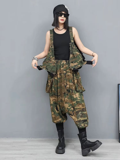 XITAO Pocket Patchwork Denim Sets Sleeveless V-neck Elastic Waist Loose Casual Two-piece Personality Summer Woman Sets GYX1665