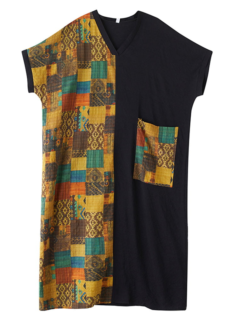 XITAO Pocket Patchwork Contrast Color Dress V-neck Pullover Short Sleeve Loose Slimming All Match Casual Dress ZMY1083