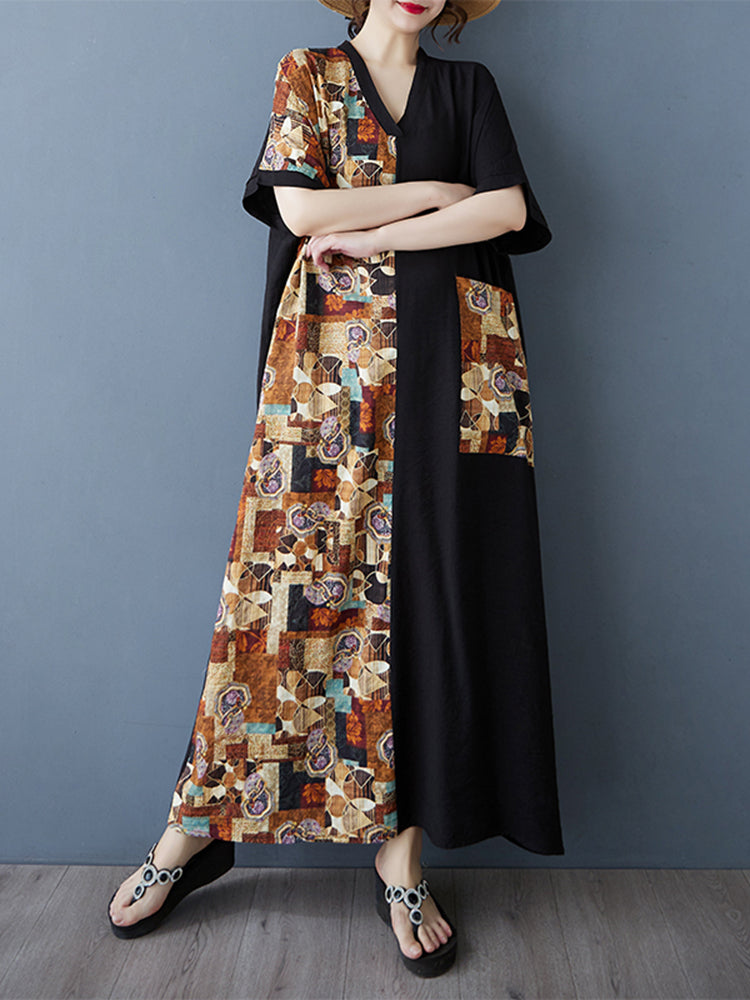 XITAO V-neck Pullover Short Sleeve Pocket Dress Contrast Color Patchwork Loose All Match Summer Slimming Women Dress ZMY1084