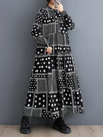 XITAO Print Dot Pullover Stand Collar Long Sleeve Dress Loose Patchwork Spring New Arrival Casual Fashion All Match DMJ2426