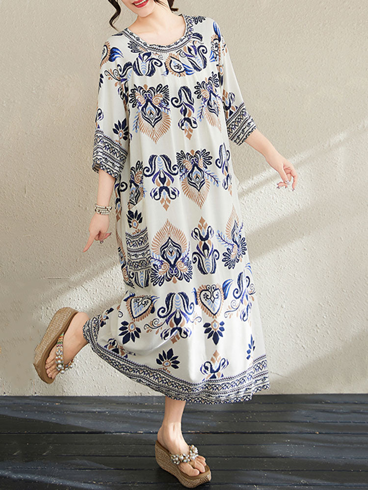 XITAO Print Half Sleeve Dress Casual A-line O-neck Simple Pullover Ethnic Style Personality Loose Fitting Women Dress ZMY1097