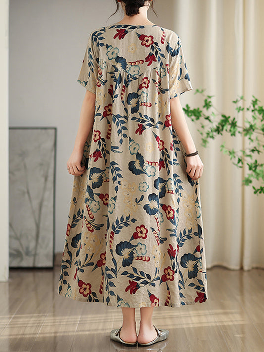 XITAO Patchwork Print Loose Pleated Dress Casual Short Sleeve A-line Vintage O-neck Summer Women Dress ZMY1025