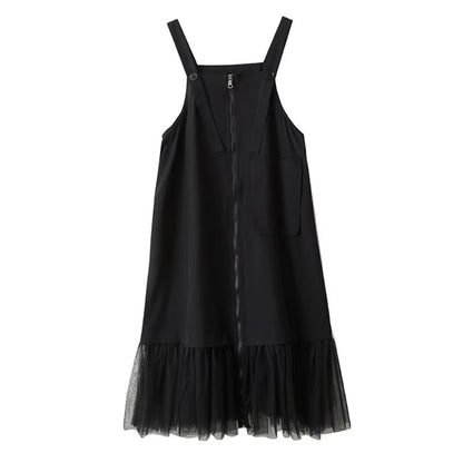 XITAO Zipper Pleated Gauze Dress Pocket Sleeveless Loose Vintage Temperament Patchwork Solid Color Summer Woman Dress ZMY1336