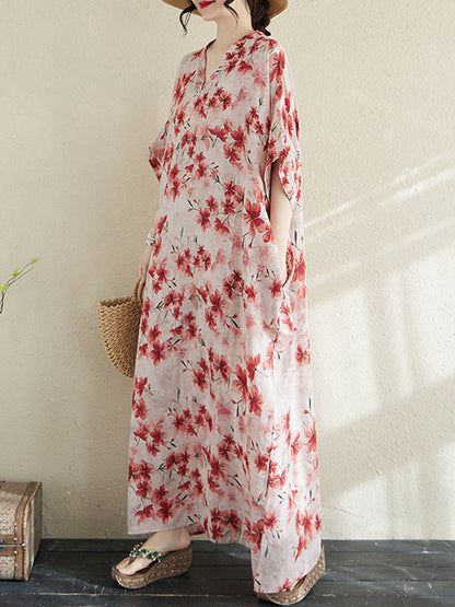 XITAO Batwing Print Flower Leisure Dress A-line V-neck Casual Half Sleeve Thin Vintage Sweet Summer Female Dress ZMY1006
